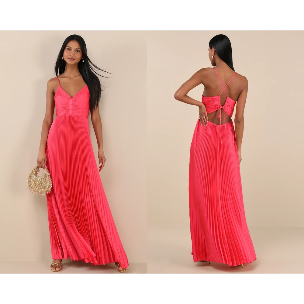 Lulus Dreaming in Color Coral Pink V-Neck Pleated Satin Maxi Dress Size Small